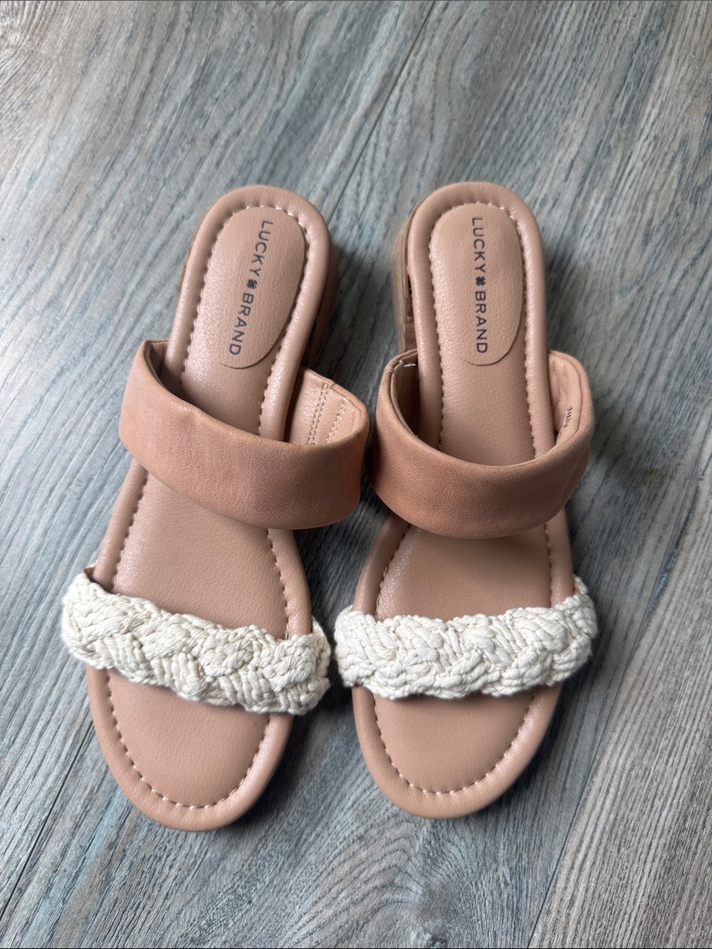 Lucky Brand Tan Slide Sandals with Cream Braided Toe Strap